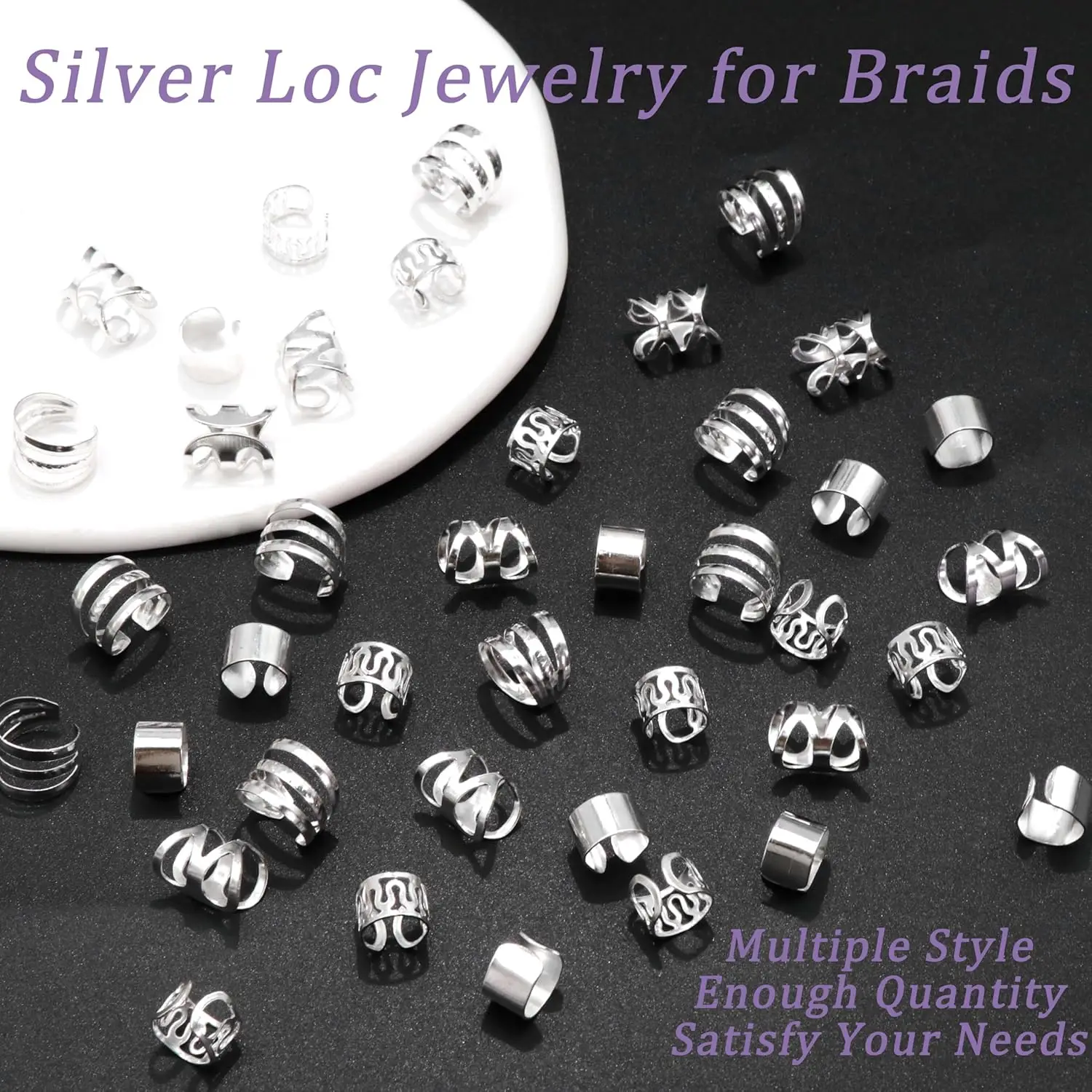 40개입 헤어 주얼리 브레이드용 실버 헤어 링 다양한 모양의 록 드레드락 비즈 조절 가능한 브레이드 액세서리 여성 및 소녀용