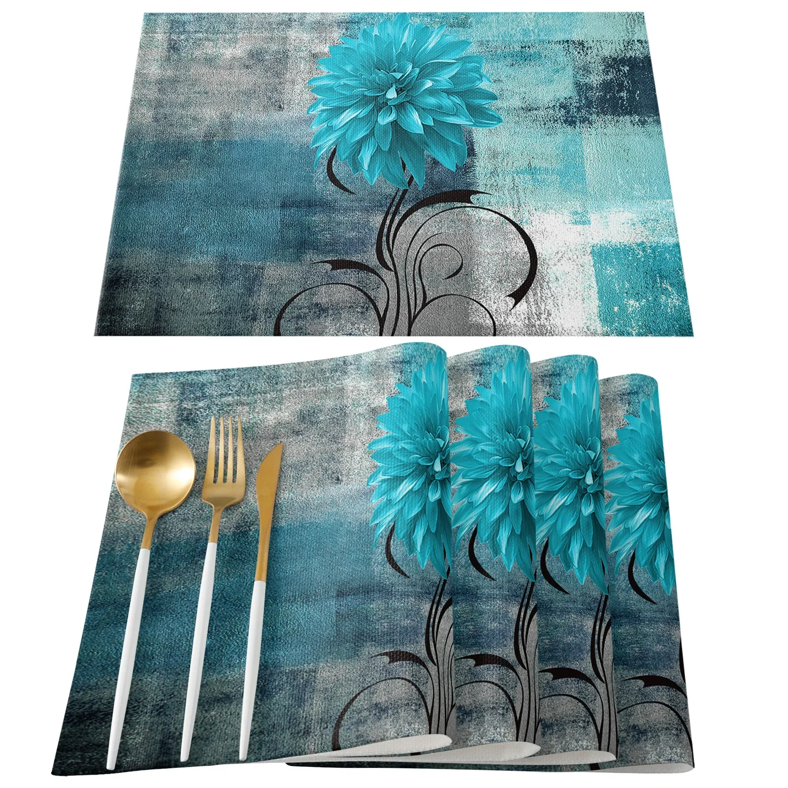 Dahlia Oil Painting Line Plant Aqua Dining Placemat Table Tableware Mats Kitchen Dish Mat Pad 4/6pcs Table Mat Home Decoration