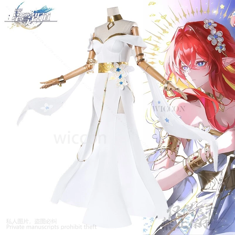 أنيمي لعبة هونكاي: ستار السكك الحديدية تأثيري Tribios الأحمر طويل الباروكات زي اليونانية الرجعية فستان أبيض لوليتا للفتيات امرأة كوس مخصصة