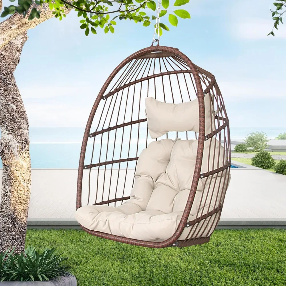 

Hanging Egg Chair Without Stand, 350 Lbs, Brown Wicker Swing Egg Chair with Beige Cushions, Foldable Hammock, Beam Stand