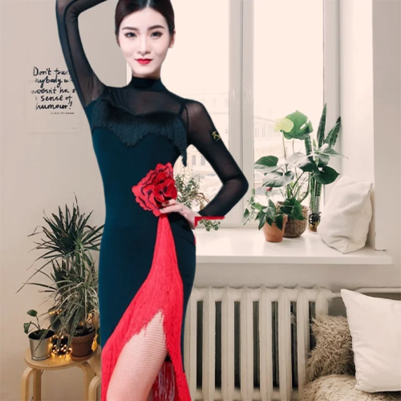 Long Sleeve Dress Women Dresses Big Red Flower Tassel Dance Skirt Latin Dancing Latina Black Sexy Girls Adult Costume Rumba 2023