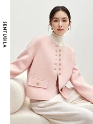 SENTUBILA Luxury Wool Coat for Women 2024 Winter Straight Crew Collar Single Breasted Hight Quality Female Clothing W44O56591