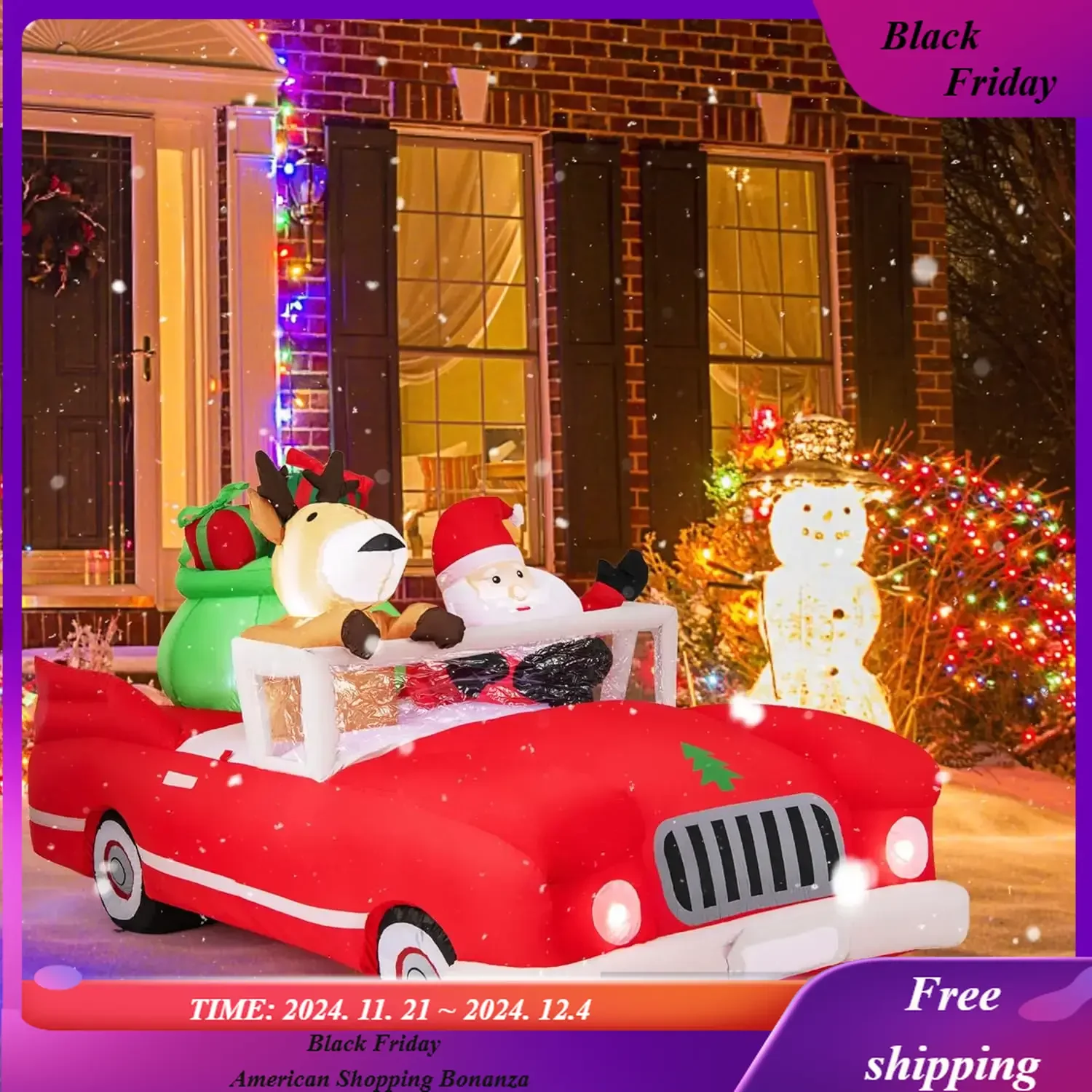 

7.7 FT Christmas Inflatable Santa Claus & Reindeer Riding Car with Gift Bag, Blow Up Holiday Yard Decoration