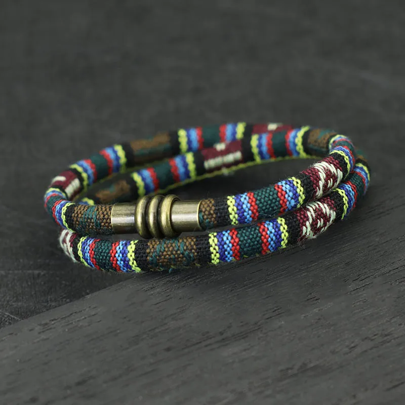 New Bohemia Cord Chain Bracelet Men Women 6mm Double Layer Tibetan Symbols Ethnic Braclet Magentic Clasp Fabric Braslet Pulseria