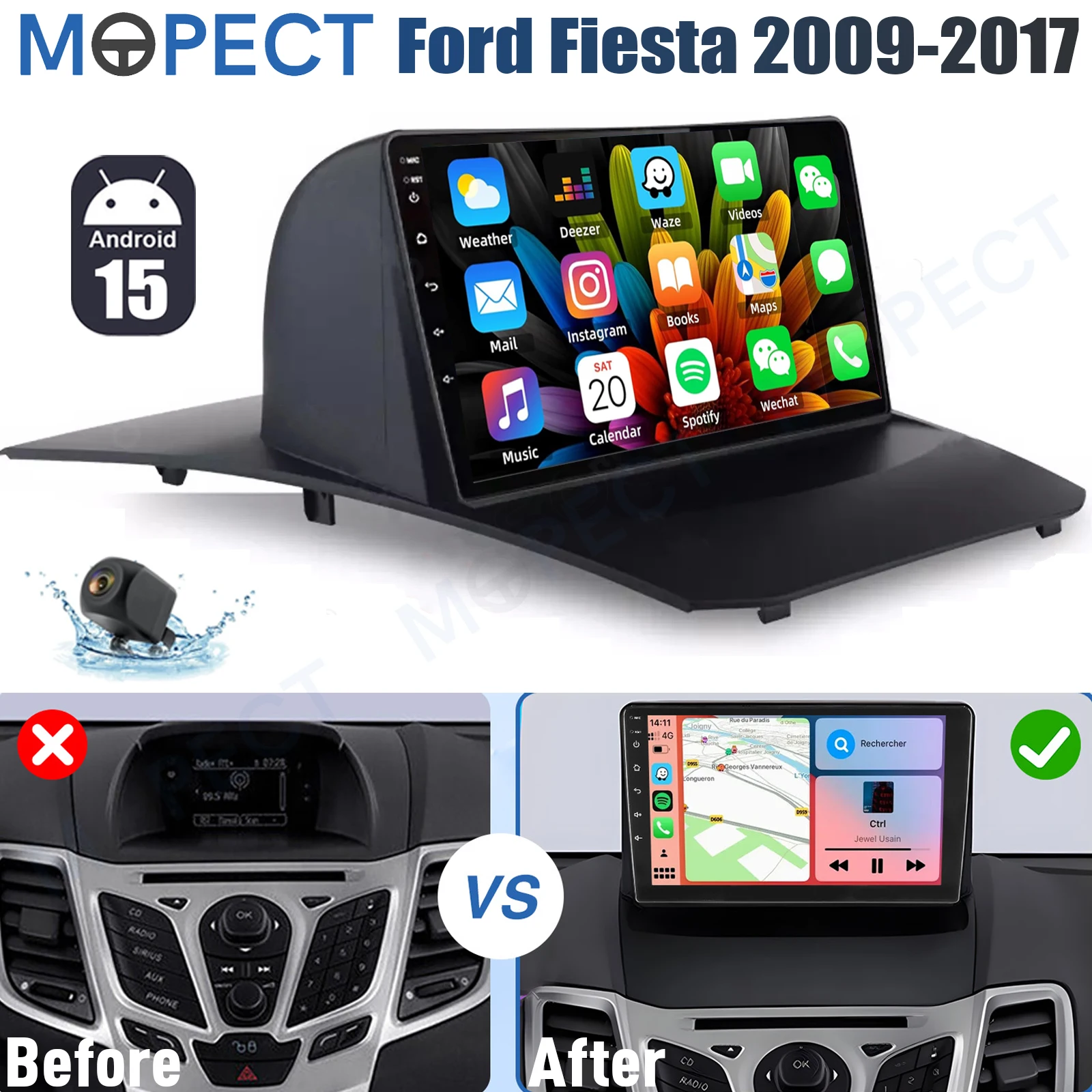 9 inch autoradio GPS Carplay radio 4+64G Android 15 voor Ford Fiesta 2009-2017 Apple CarPlay WiFi head unit AM/AM SWC BT+DAB&DVR&AHD