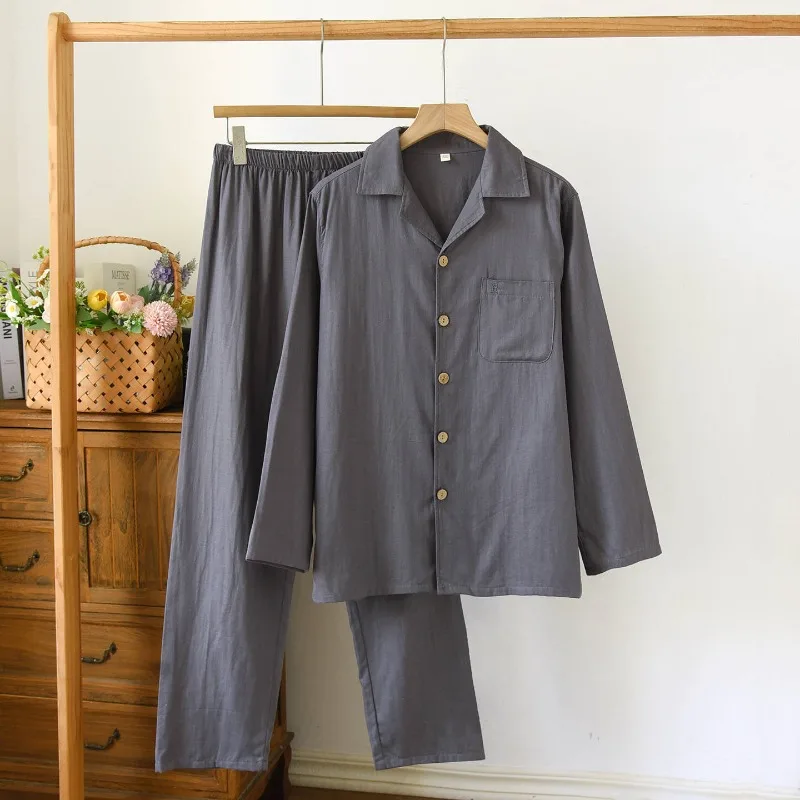 2025 봄과 가을 신상 남성 파자마 세트 100% 면 거즈 단색 대형 사이즈 긴팔 홈웨어 투피스 세트