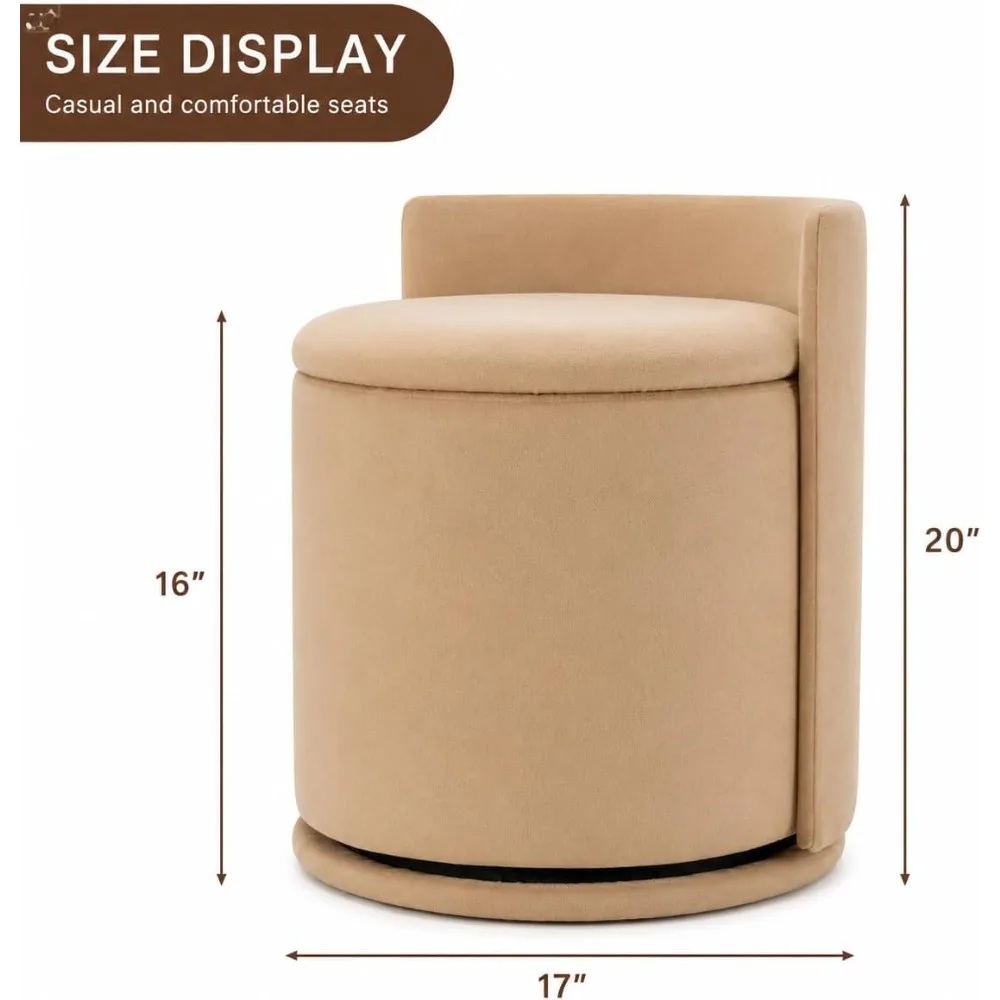 360° Swivel Makeup Chair with Storage, Upholstered Accent Stool with Back, Round Vanity Stool Ottoman for Living Room, Makeup Ro