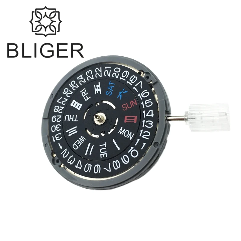 Bliger Nieuwe Originele Nh36 Mechanische Beweging Zwart Datum Week 3 Oclock Kroon 3.8 Uur Kroon Automatisch Horloge Vervangende Onderdelen