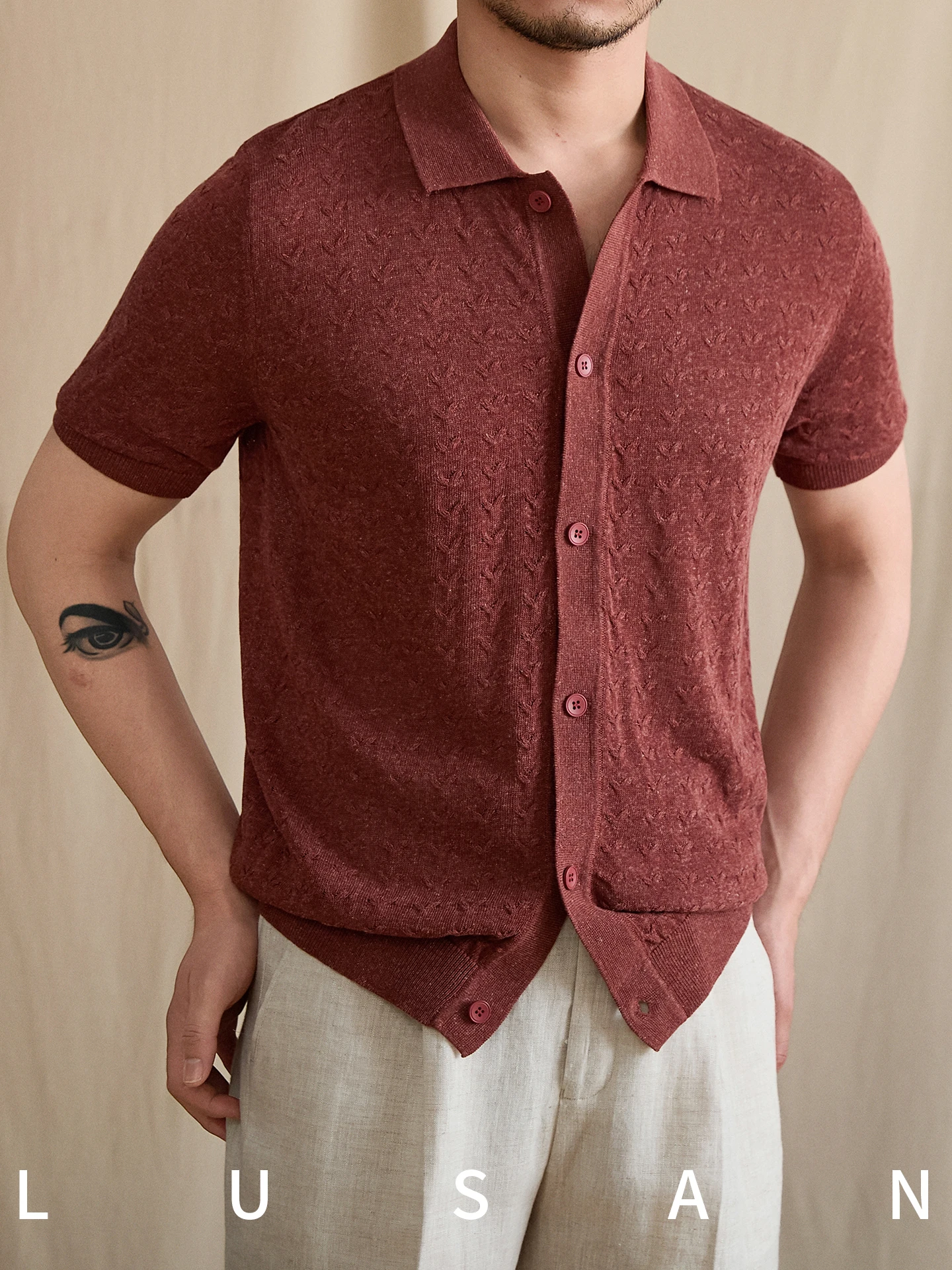 High-End Thin Linen Leisure Hollow-out Short-Sleeved Cardigan Summer Lapels Woven Shirt for Men