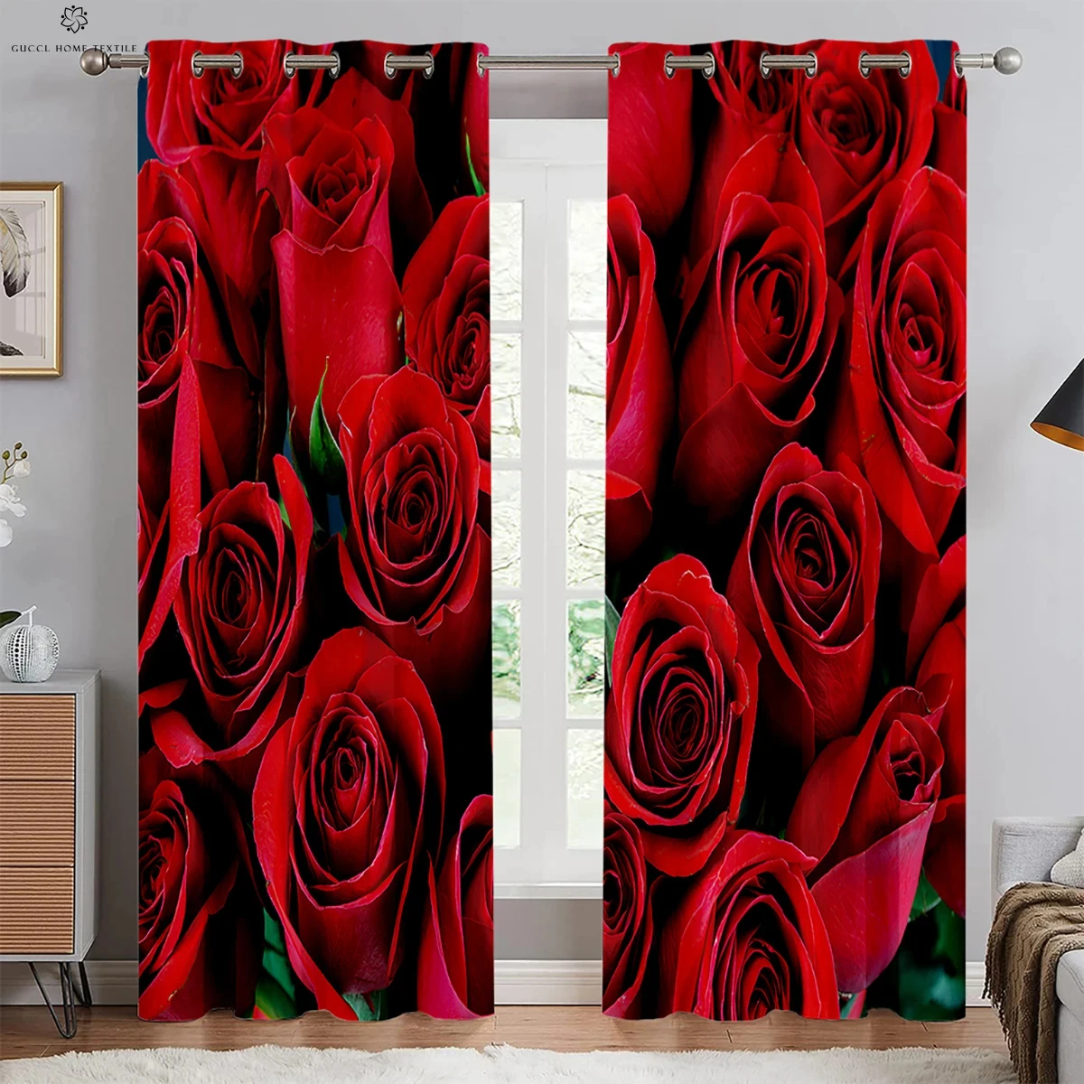 Romantic Rose Red Retro Print Curtain Rod Pocket Curtain Bedroom Living Room Kitchen Outdoor Decorative Curtain 2 Pieces Drape