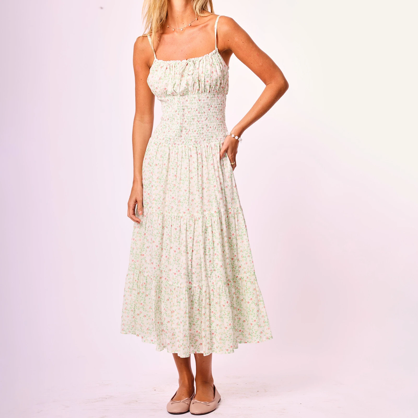 Abito lungo floreale da donna con scollo a barchetta, slim, smock, allacciatura, collo quadrato, senza maniche, a strati, con volant, per il club di feste quotidiano