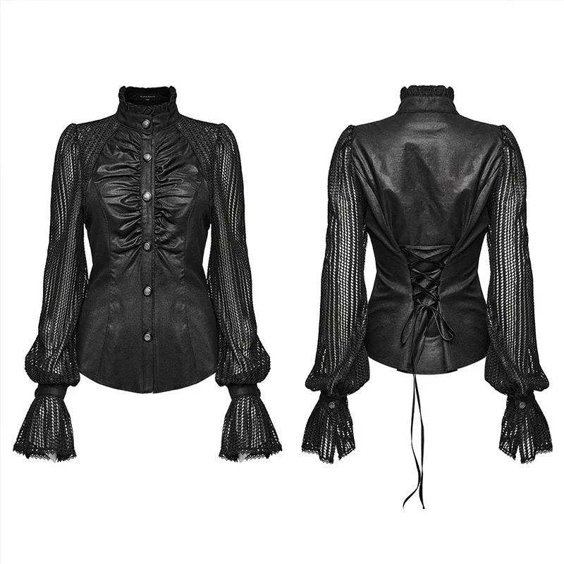 PUNK RAVE Women\'s Gothic Lantern Sleeves Exquisite Pattern Pleated Visual Shirt Messy  Beauty Sexy Tops Women Clothing