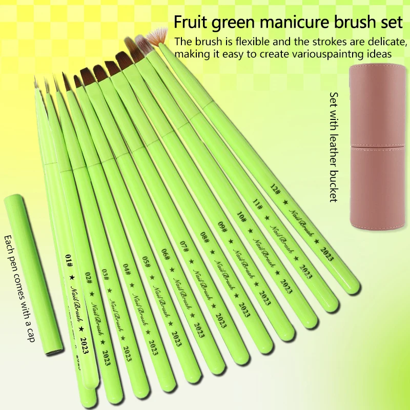 

12Pcs Mint Green Nail Art Brushes Set - Professional Nail Supplies for Gel Liner, Detail Drawing & Salon Design Painting