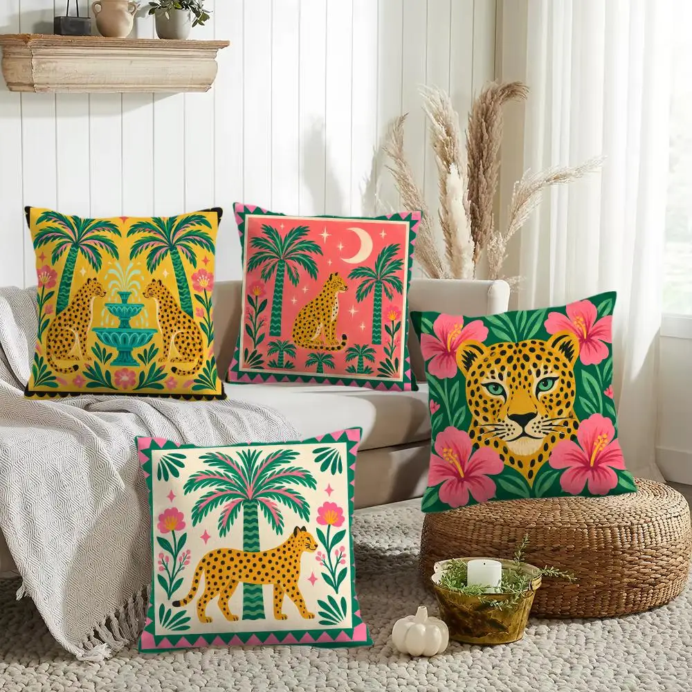 Folk Leopard Palm Cushion Cover Silky Short Plush Invisible Zipper Dustproof Sofa Pillow Case for Home Decor