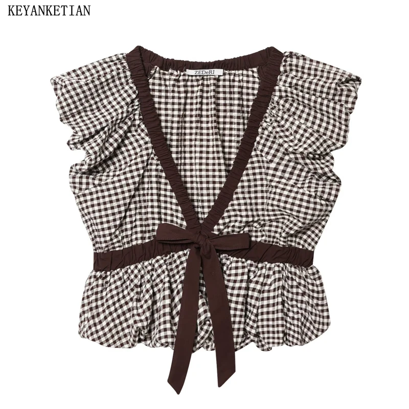 

KEYANKETIAN Chic Cottagecore Gingham Peplum Top V-Neck with Contrast Trim Front Bow Tie Ruffled Sleeves Picnics Garden Parties
