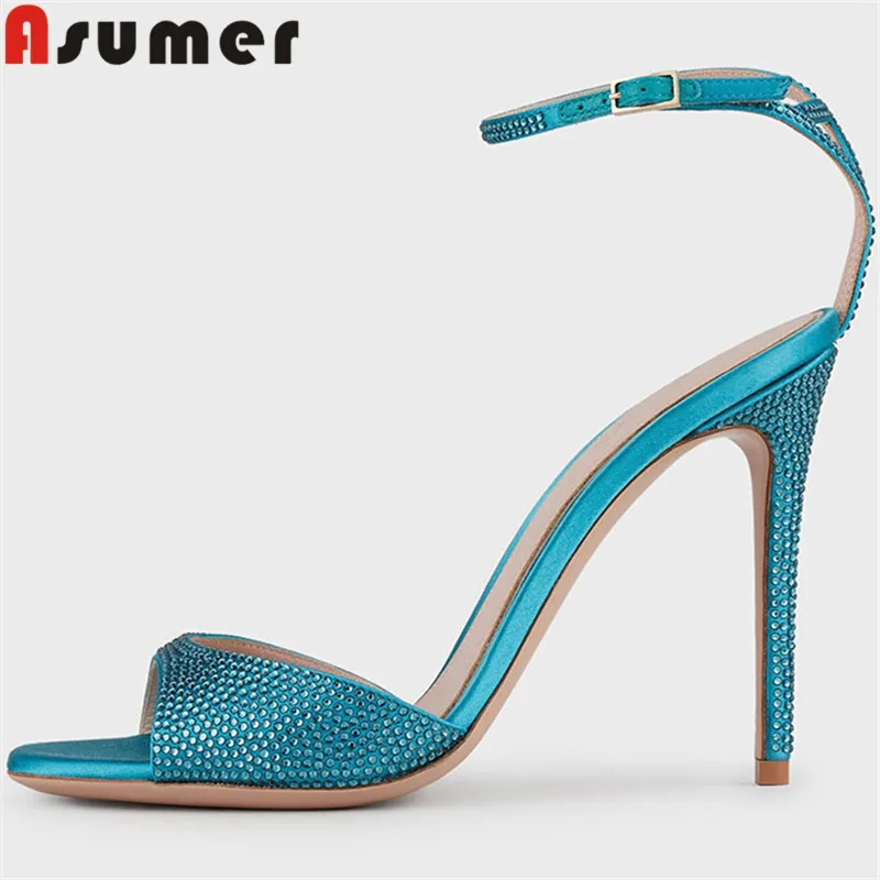 

ASUMER 2022 New Size 34-43 Thin High Heels Sandals Woman Fashion Ankle Strap Summer Sandals Ladies Flock Party Shoes