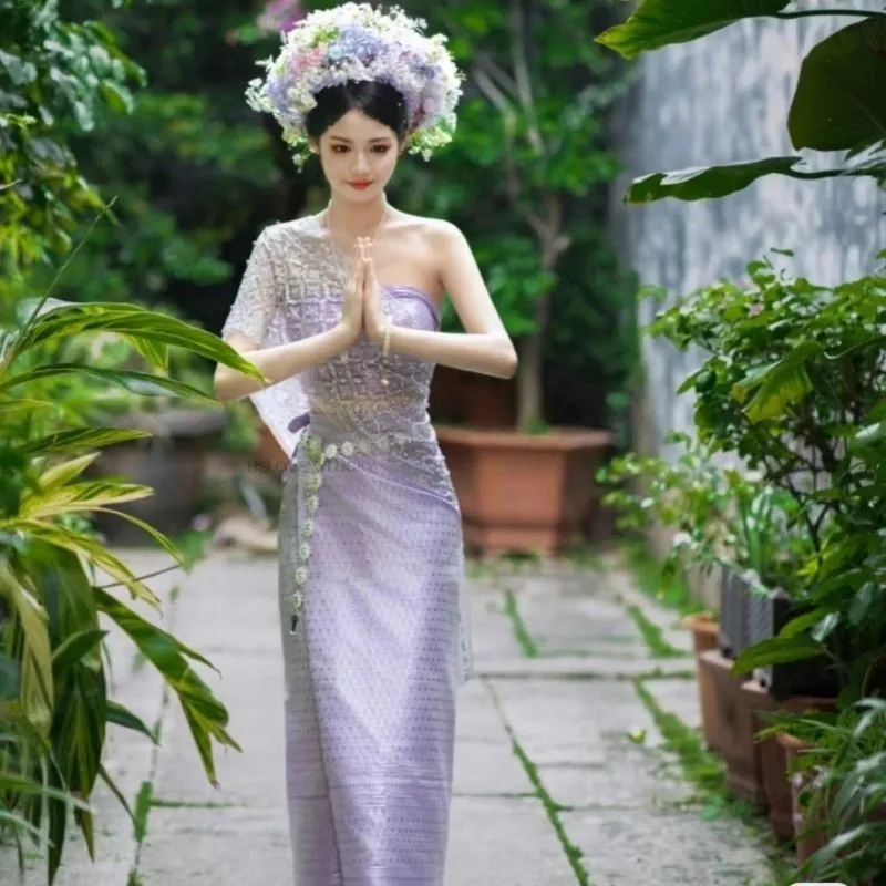 Thailand Vintage Traditional Festival Clothing Dance Dress Set Thai Women Festival Sexy Vacation Purple Photography Dress
