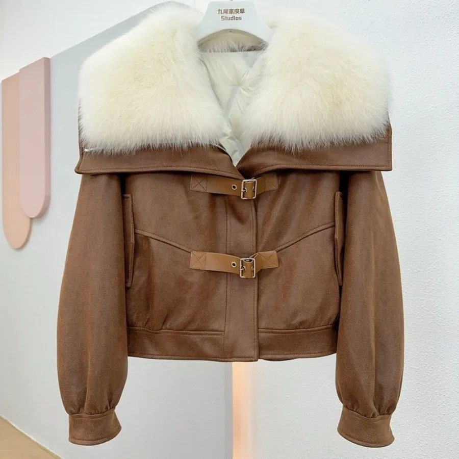 Autumn Winter Fur Collar Thick Warm Jacket Women Vintage Harajuku Parkas Faux Leather Coat Design High-end Outerwear Casual