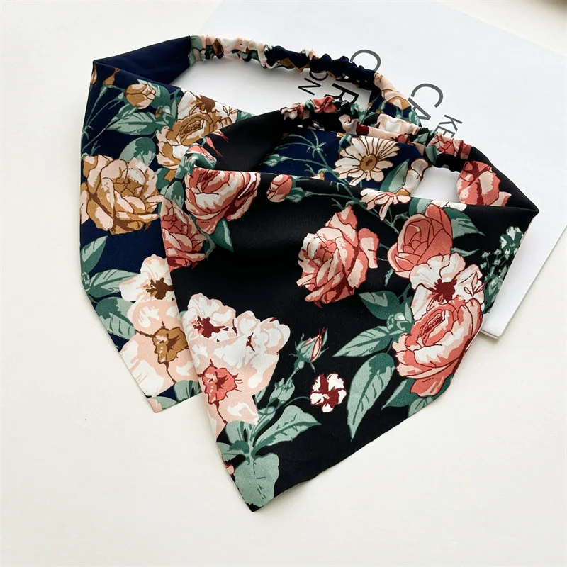 Bud Hair Scarf for Women Girls Flowers Print Bandanas Pastoral Vintage Rubber Band Elastic Triangle Headbands Summer Accessories