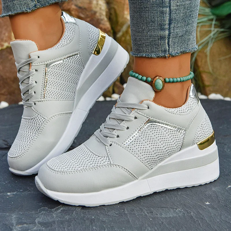 

2026 Spring Gold Silver Mesh Wedge Sneakers Women Lightweight Platform Heels Casual Shoes Woman Plus Size 36-43 Lace Up Sneakers