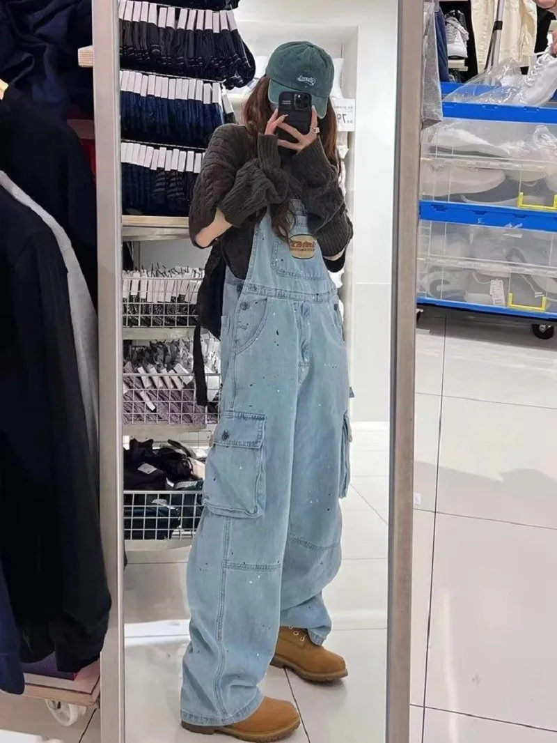 Nieuwe Coole Meisjesstijl Geborduurde Pittige Inkt Denim Strap Jumpsuits Dames Herfst/Winter Grote Losse En Slanke Retro Eendelige Broek