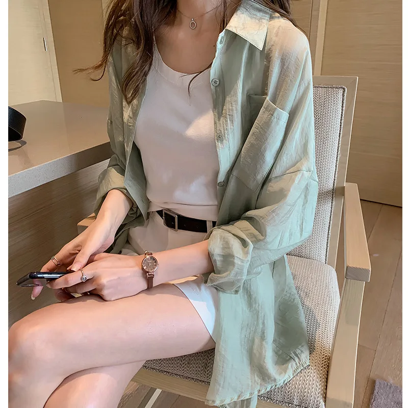 

Solid Shirts Women Blouses Casual Office Lady Long Sleeves Loose Streetwear Turn Down Collar Cardigan Elegant 2025 Summer