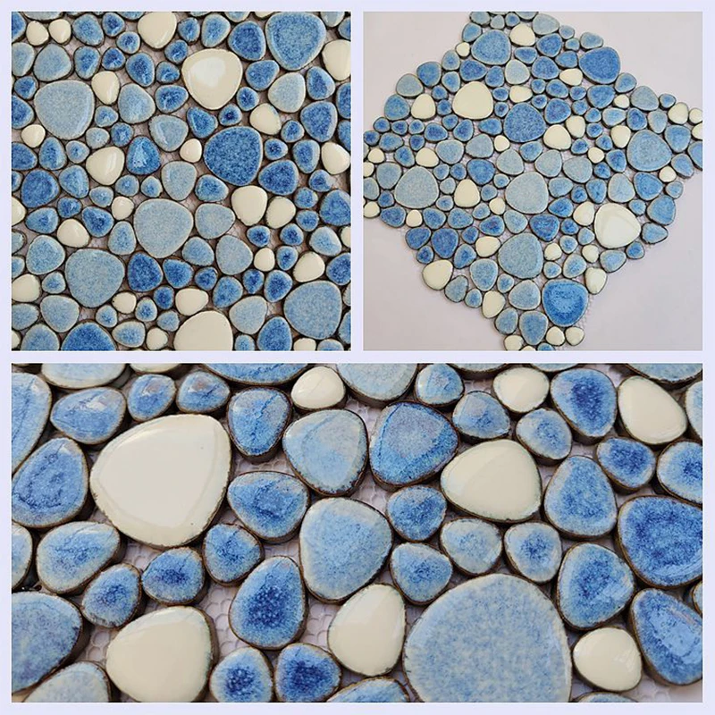 

30X30Cm Ceramic Pebble Mosaic Tiles Anti-Slip Waterproof for Bathrooms Spa Pools Wall Floor Decor Blue White Tile Sheet