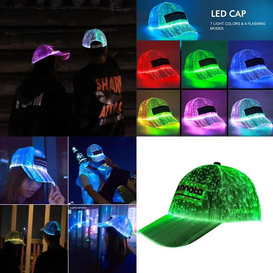 

lumisonata LED Cap Fiber Optic Hat EDM Baseball Caps Light Up 7 Colors Glowing USB Charging Hats Rave Accessories for Party