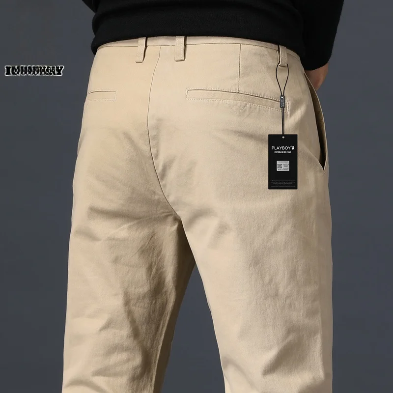 

Мужские повседневные брюки цвета хаки, модные деловые брюки, весенне-осенние модные длинные брюки, зауженные брюки слим-фит со средней талией, на молнии