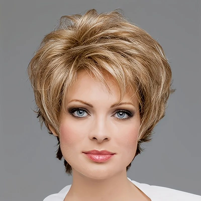 Elegant, fluffy, fashionable silver-gray synthetic wig with bangs, top-of-the-head scalp medium-length hair wig, perfect summer
