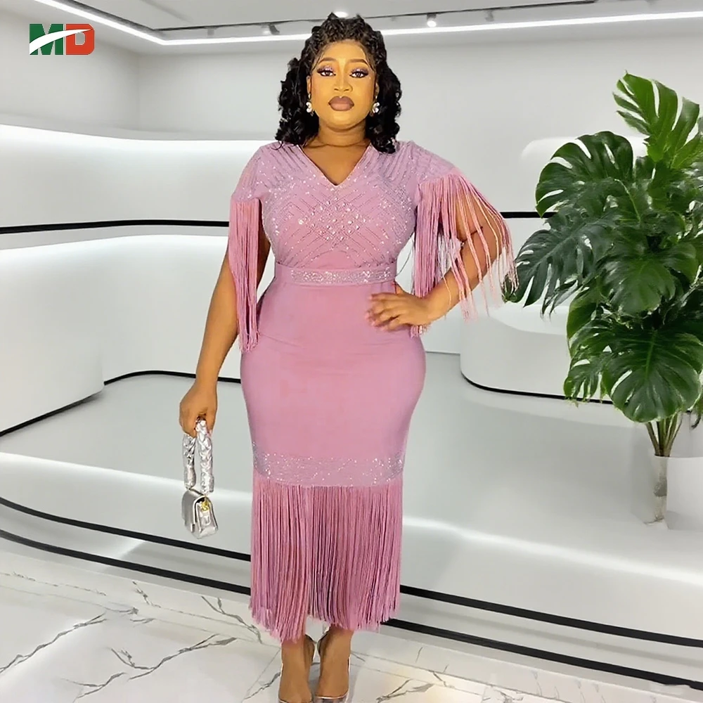 

MD Elegant African Dress For Women New Luxury Diamond Tassel V Neck High Waisted Package Birthday Party Robes Bubu Office Wear