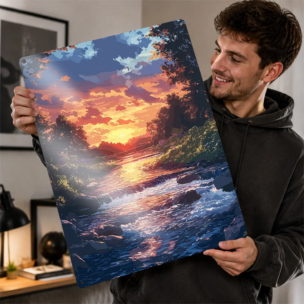 Sunset River Landscape Personalized 3D Textured Metal Poster Wall Art Vintage Tin Signs for Decor Luxury Garage Accessories Home