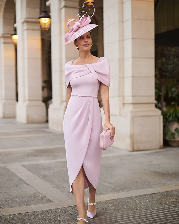 

Customized Cap Sleeve Mother of the Bride Dress Tea Length Sheath Wedding Guest Outfit Pink Short Prom Party Gowns