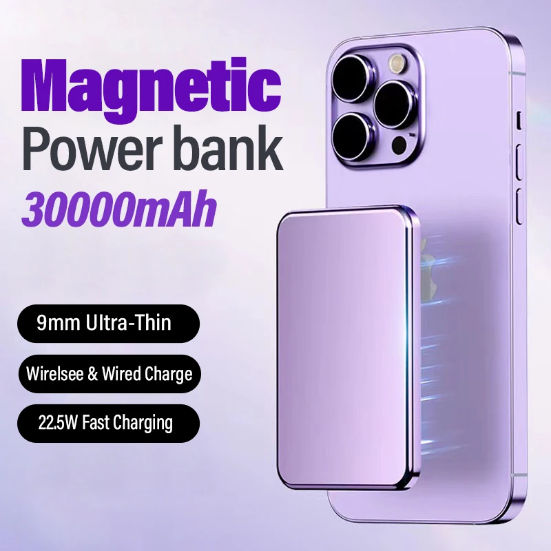 แม่เหล็ก 30000mAh Power Bank ไร้สายแบบพกพา Fast Charger Slim โลหะ Powerbank ภายนอกอะไหล่สําหรับ iPhone 15 14 Xiaomi