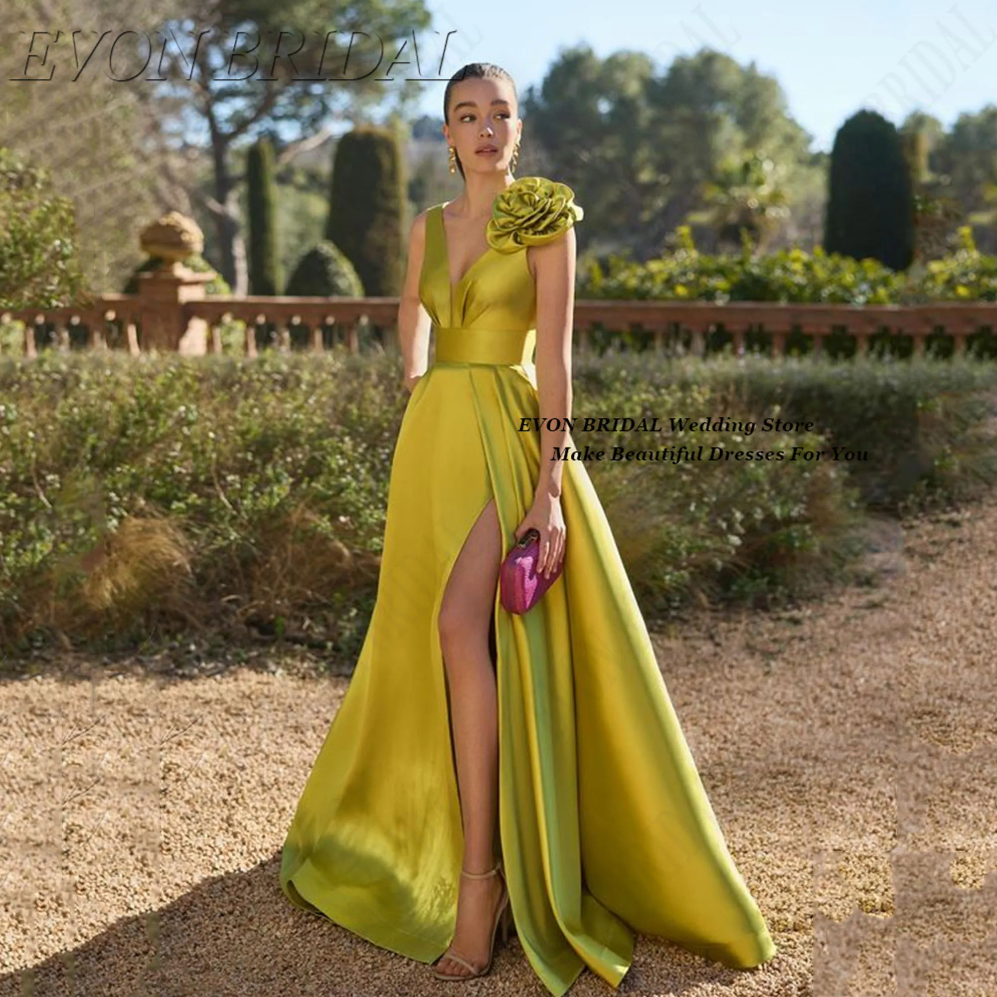 

3D Floral Wedding Party Dress 2026 Classic V Neck Side Split Woman Ceremony Dress Customized Formal Occasion Gown EVON BRIDAL