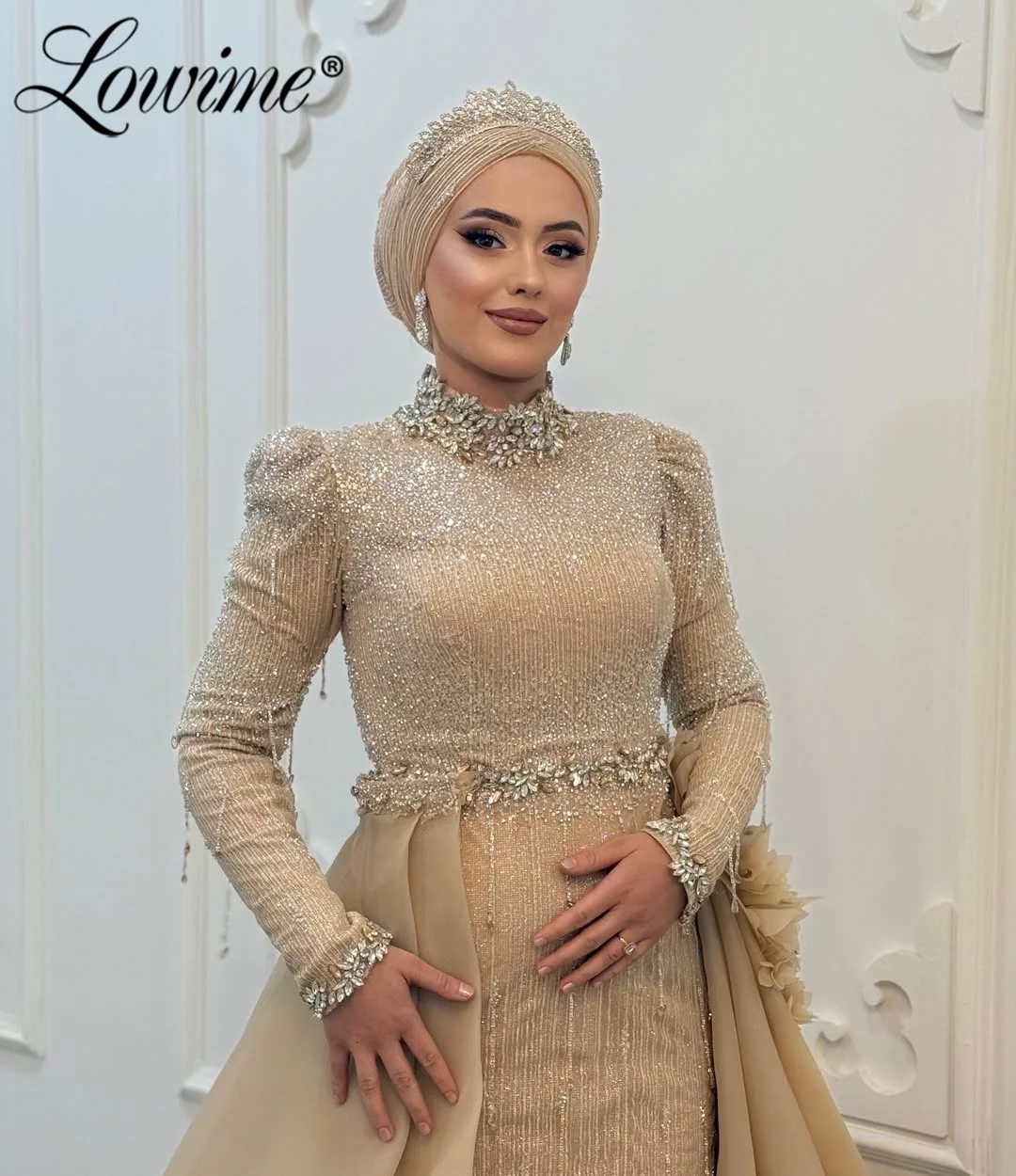 

Customized Saudi Arabia Champagne Party Dresses With Overskirt Glitter Crystal Wedding Party Gown Second Reception Evening Dress