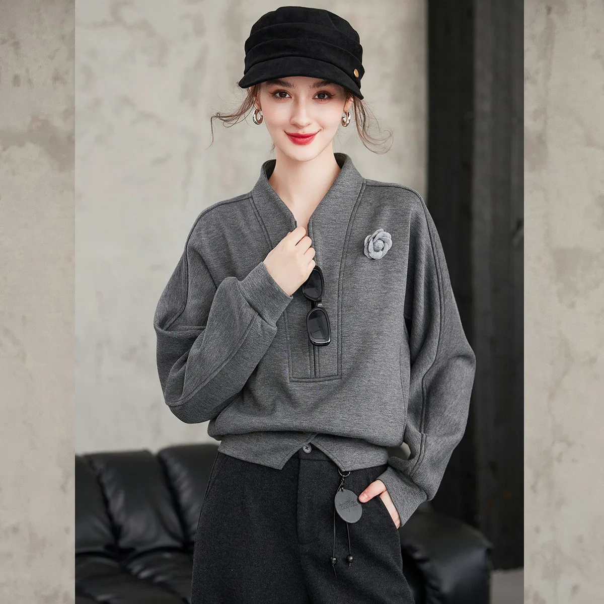 LOUIS YAO  Women's Pullover  2026 Autumn/Winter Thickened Sweatshirt Casual Half-Zip Slightly Stretch Sweatshirt