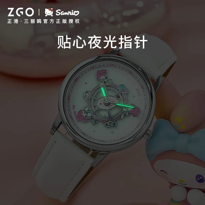 Женские часы ZGO Sanrio My Melody — модный карусельный циферблат, ремешок из натуральной кожи, водонепроницаемые кварцевые часы в подарок 2121