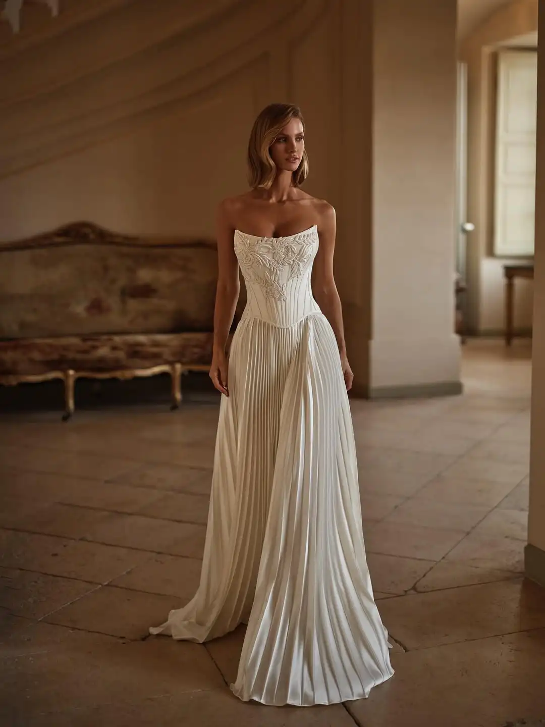 

Ofherown Vintage A-Line Embroidery Pleat Wedding Dresses Strapless Corset Lace Up Bridal Gowns Satin vestido de novia Customized