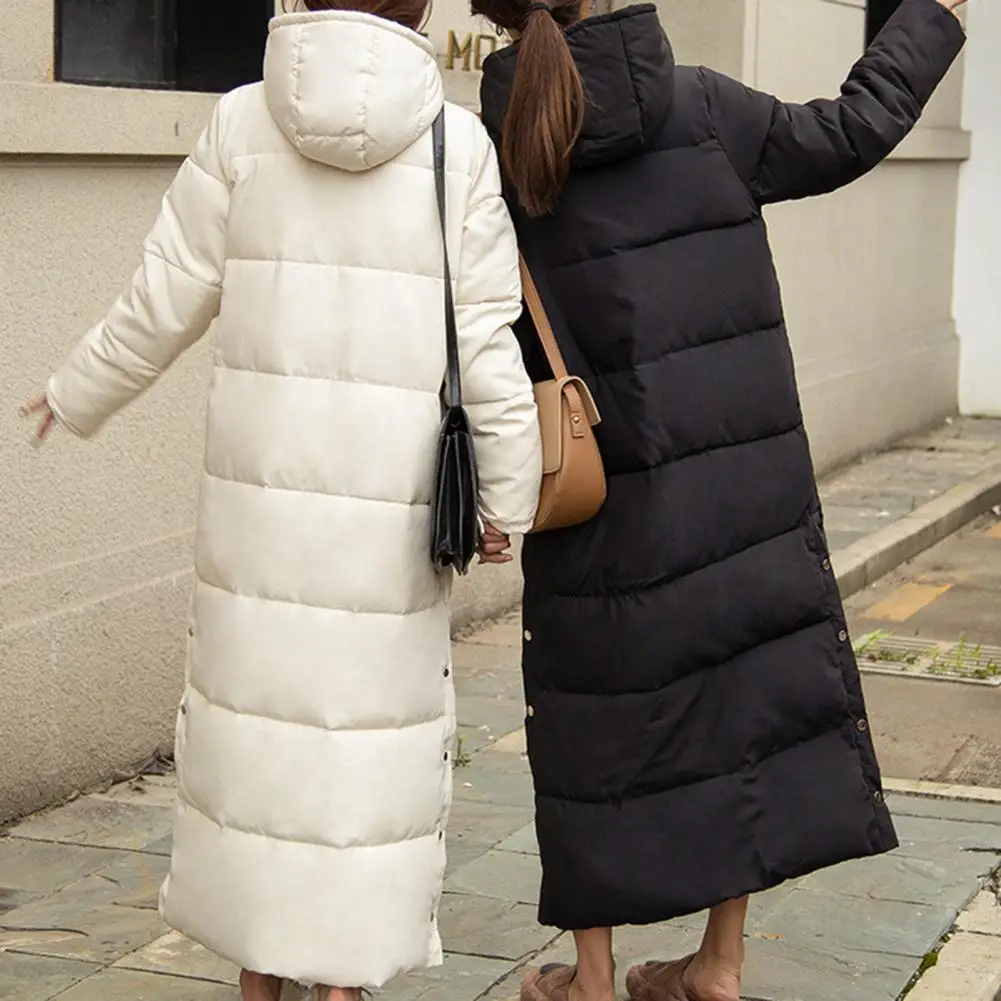 Women Cotton Coat Hooded Long Sleeve Pockets Side Slit Hem Down Jacket Solid Color Pockets Thickened Oversized Casual Outwear