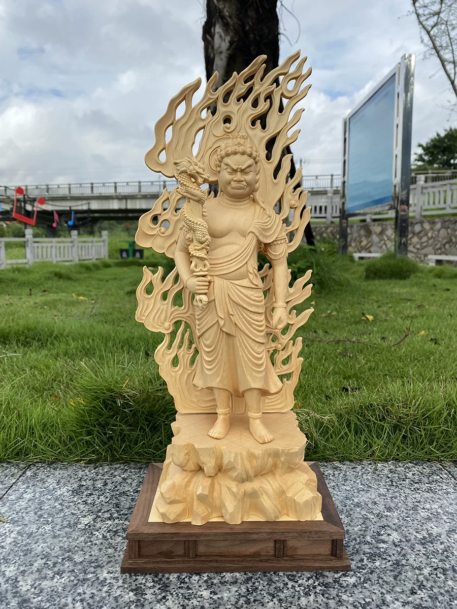 Acala Statue, Hinoki Wood Hand-Carved Immovable Wisdom King, Zodiac Guardian for Rooster Figurine, Esoteric Buddhism Home Altar