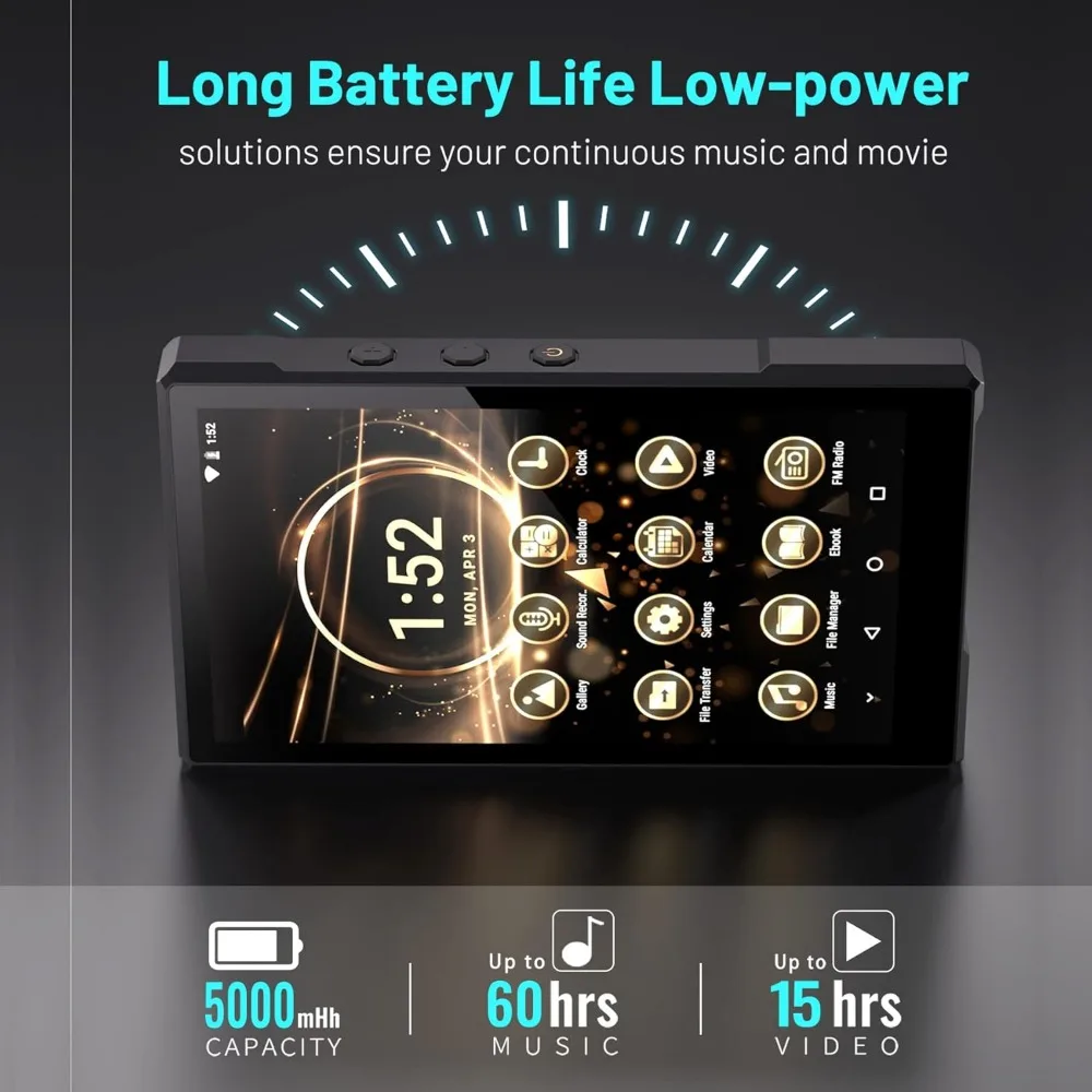 Reproductor de MP3 Android de 5", Bluetooth, WiFi, Spotify, Audible, Octa-core, 5000 mAh, 1 TB, pantalla HD IPS ‌