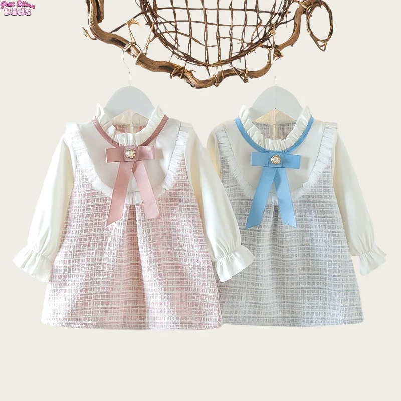 

Toddler Dress for Girls 0-3Y Baby Newborn Items Cotton Fake Two Piece Dress Ruffle Collar Bow Decorated Princess Party Dress
