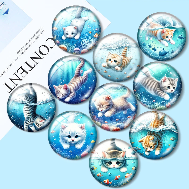 

Kitten Diving into the Sea 10pcs 12mm/16mm/18mm/30mm Round Photo Glass Cabochon 25mm Demo Flat Back Making findings