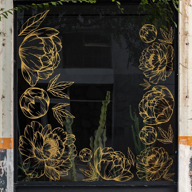 Large peony flower decal for shop window decoration, Whole set or single piece flower decals, Flower outline vinyl sticker E628