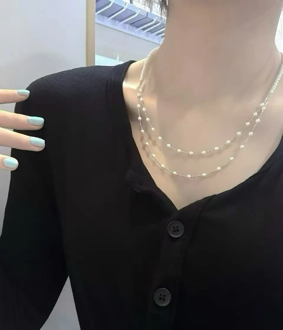 Certificate 925 Silver Natural Flawless Aurora Freshwater Rice Pearl Choker Necklace Two-Layer Tiny Bead All-Match Daily Jewelry