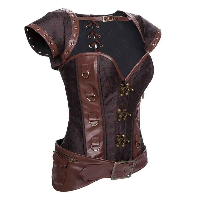 Gothic  Spiral Women Plus Corset Size Kam Shoulder Vintage Pu leather Steampunk Brown Outerwear Bustier Corselet Overbust Tops