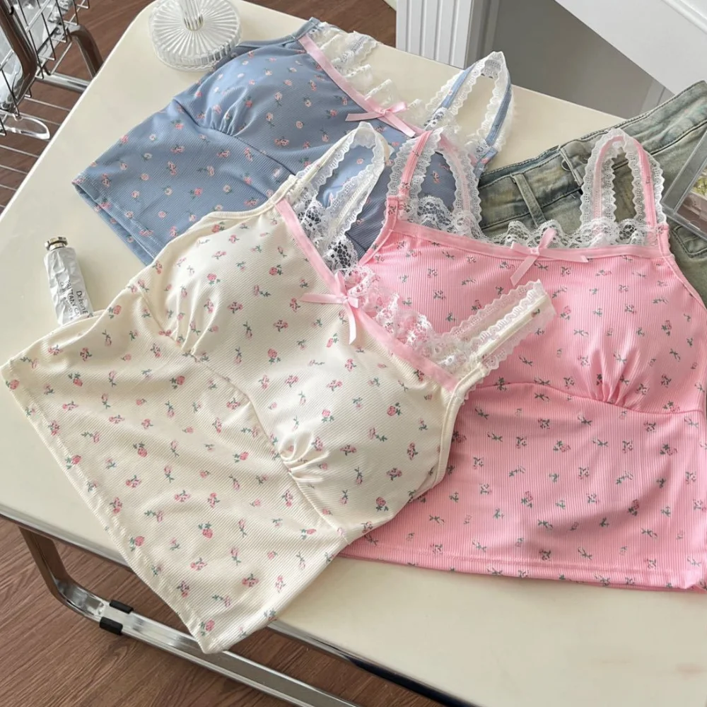 Ice Silk Floral Crop Top Casual with Pads Sleeveless Sweet Flower Girl's Tank Top Short Slim Lace Bowknot Camisole Summer