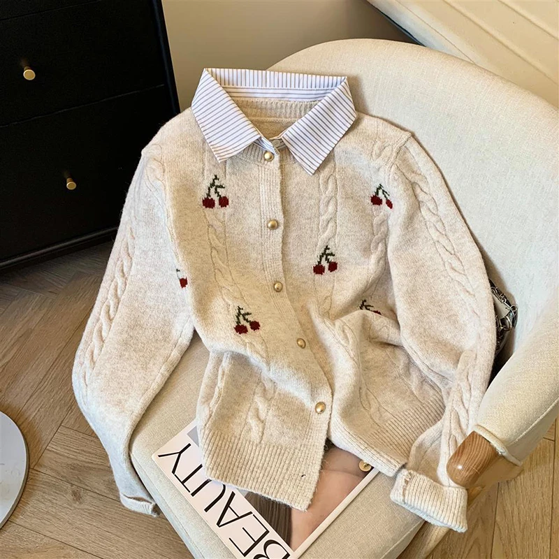 

Sweet Preppy Knit Cardigan Women Long Sleeve Cute Print Fake Two Pieces Sweater Chic Button Student Casual Soft Knitwear Outwear