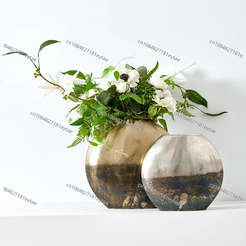 Indian Import Aluminum Gold Silver Ink Wash Round Vase Egg Shape Flower Vase for Living Room Home Decor Showroom